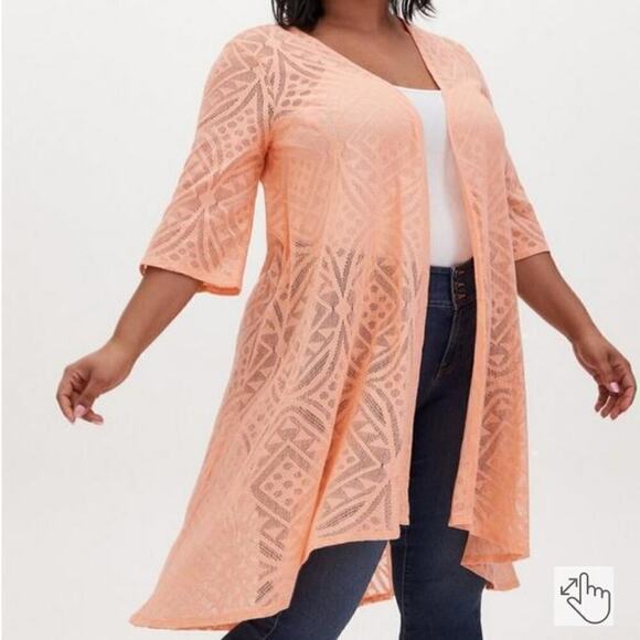 Torrid 3 4 Peach Mesh Hi-Lo Kimono 3X 4X Lace Short Sleeve Lightweight Flowy - Picture 3 of 5